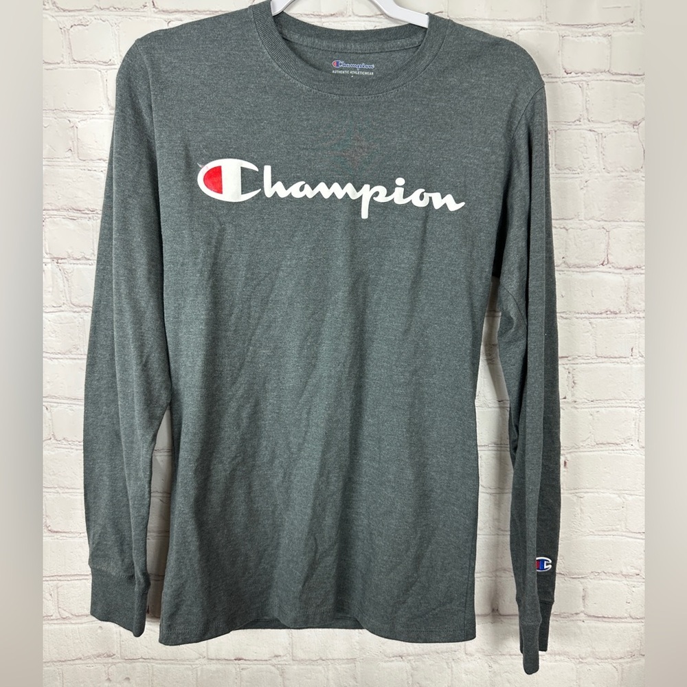 Champion Long Sleeve T-shirt gray script spell out sz S casual comfort cotton